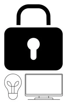 Cybersecurity Concept with Large Padlock, Light Bulb, and Computer Monitor .. Illustrazione stock