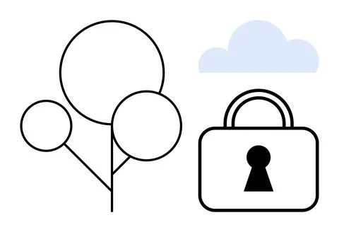 Cybersecurity Concept with a Lock, Cloud, and Abstract Tree Representation Illustrazione stock