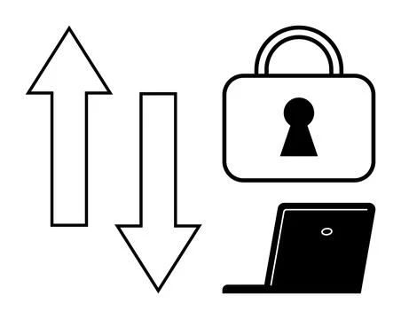 Cybersecurity Concept with Lock, Computer, and Directional Arrows Illustrazione stock
