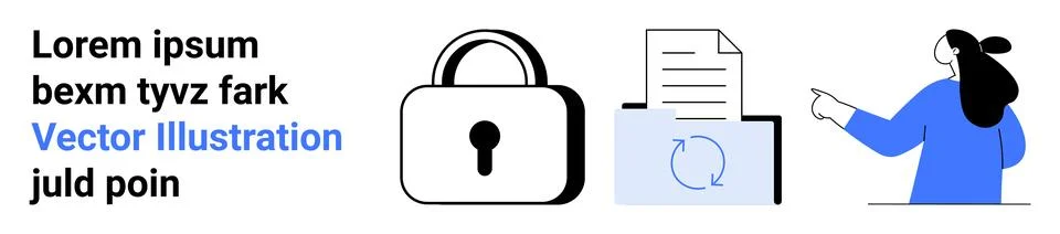 Cybersecurity Concept with Lock, Document and Woman Indicating Data Protectio 스톡 일러스트