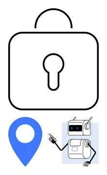 Cybersecurity Concept Lock, Location Pin, and Robot Emphasizing Digital Saf.. Stock Illustration