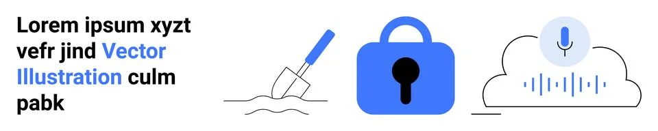Cybersecurity Concept with Lock, Microphone Cloud, and Shovel Elements Illustrazione stock