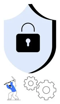 Cybersecurity Concept with Locked Shield and Hacker Attacking Gears with Pi.. Stock Illustration