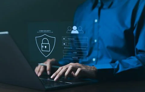 Cybersecurity concept. Man enter username and password for personal Stock Photos