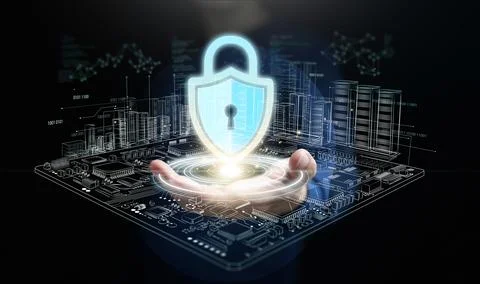 Cybersecurity concept. A man hand with glowing shield padlock icon over cir.. Stock Photos