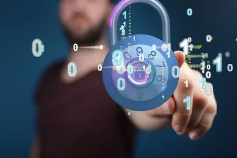 Cybersecurity concept with a man touching a 3D rendered pad lock with floating Stock Photos