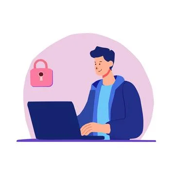 Cybersecurity concept with man using laptop and padlock icon Stock Illustration