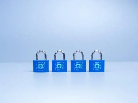 Cybersecurity concept with multiple blue padlocks with shield icon. Data pr.. Stock Photos
