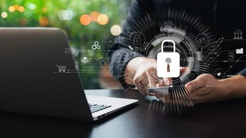 Cybersecurity concept, padlock icon and internet technology network, secure.. Stock Photos