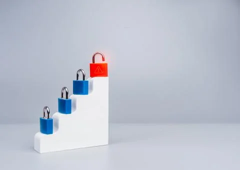 Cybersecurity concept with security padlocks on ascending levels and a crit.. Stock Photos