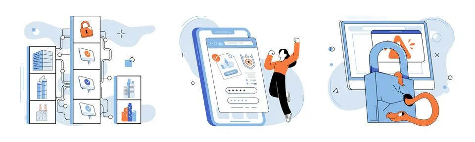 Cybersecurity concept set secure passwords. Computer and smartphone protection Stock Illustration