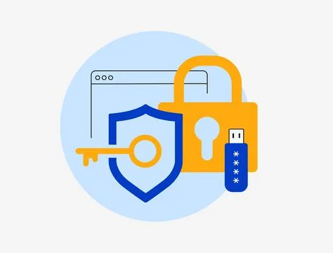 Cybersecurity concept with shield and key, padlock, USB drive and browser window Stock Illustration