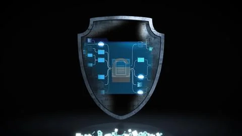 Cybersecurity concept showing a digital shield with network elements, Stock Illustration