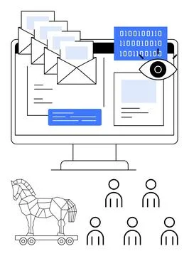Cybersecurity Concept Showing Envelopes, Code, Trojan Horse, and Users on 스톡 일러스트
