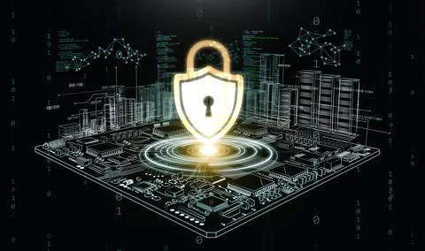 Cybersecurity concept showing glowing shield on circuit board, electronics .. Stock Illustration