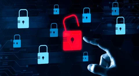 Cybersecurity concept. The system hacked alert and the padlock Stock Photos