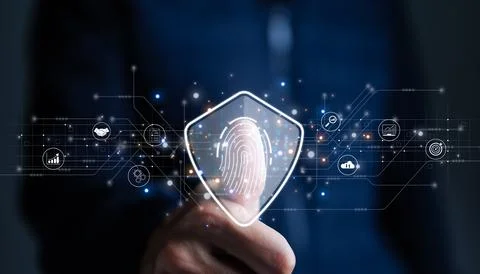 Cybersecurity concept. User authentication system with fingerprint scanning. Stock Photos