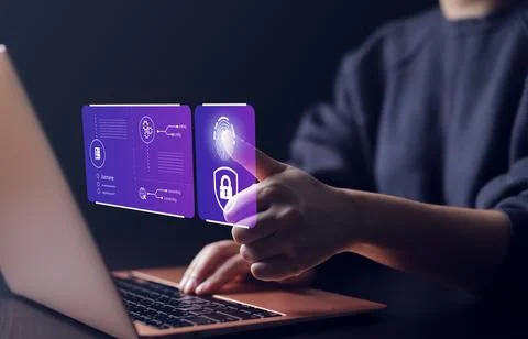 Cybersecurity concept. User log in to access computer laptop. Stock Photos