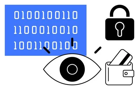 Cybersecurity Concepts Binary Code, Secure Lock, Eye, and Wallet with Cards Illustrazione stock