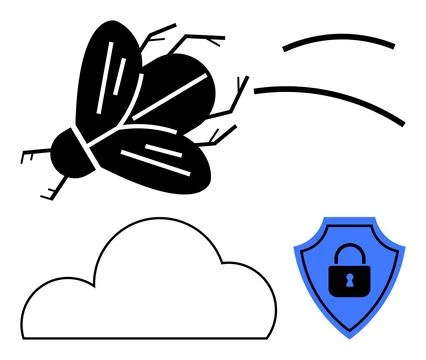Cybersecurity Concepts with Bug, Cloud Storage, and Data Protection Stock Illustration