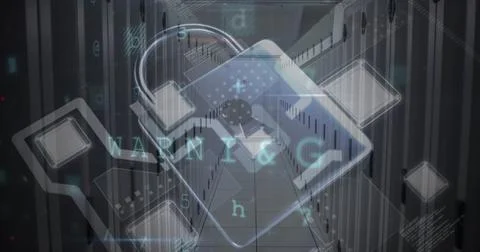 Cybersecurity concerns highlighted with digital security warning in server room Stock Photos