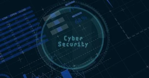 Cybersecurity dashboard showing analytics in dark grid, with circular gauge and イラスト素材