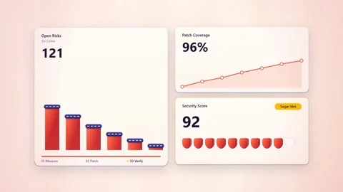 Cybersecurity Dashboard Showing Open Risks and Patch Coverage Data Vidéo 347870044
