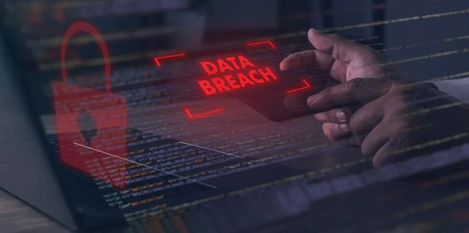 Cybersecurity data breach alert concept showing hacked network systems, dig.. Stock Photos