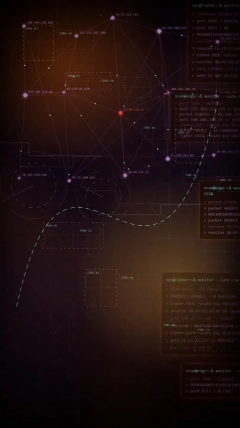 Cybersecurity Data Breach HUD Interface with Packet Capture Text Stock Footage 335347428