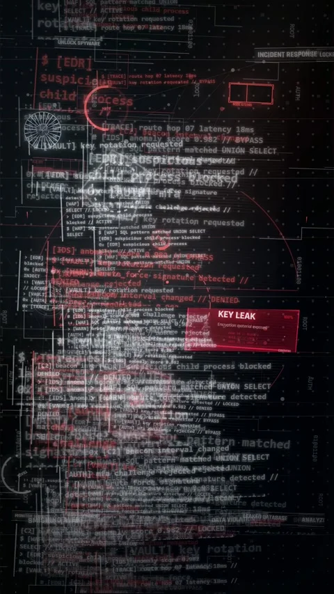 Cybersecurity Data Breach HUD with Red Warning Text and Code Stock Footage 335563862
