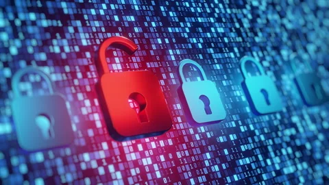 Cybersecurity Data Breach with Open Padlock and Binary Code Stock Footage 321217006