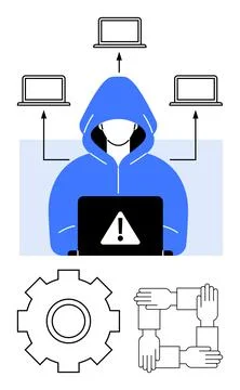 Cybersecurity, data breaches, teamwork, network security, online threats, dig Stock Illustration