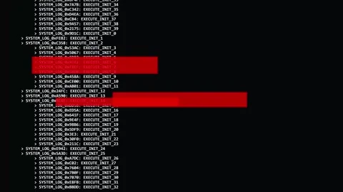 Cybersecurity data glitch with scrolling system logs on dark screen Stock Footage 345100284