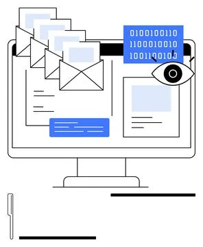 Cybersecurity, data privacy, email protection, online monitoring, digital ide Illustrazione stock