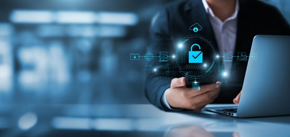 Cybersecurity data protection, businessman using laptop and smartphone inte.. Stock Photos