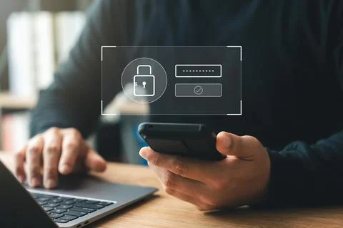 Cybersecurity data protection, businessman using laptop and smartphone inte.. Stock Photos