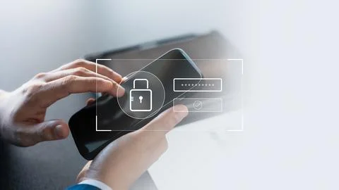 Cybersecurity data protection, businessman using laptop and smartphone inte.. Stock Photos