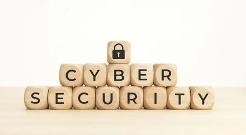 Cybersecurity data protection concept. Text and lock pad icon on wooden blocks Stock Photos