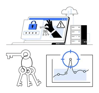 Cybersecurity, data protection, hacking prevention, password security, analyt Stock Illustration