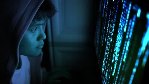 Cybersecurity Developer Close Asian Man Computer Matrix Screen Glow Hoodie Stock Footage 336094217