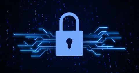 Cybersecurity, digital lock and circuit board for data coding, programming or Stock Footage 284224065