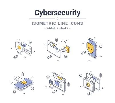 Cybersecurity digital personal data protection line icon set isometric cont.. Stock Illustration