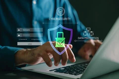 Cybersecurity digital shield and lock icon protect data while person uses l.. Stock Photos