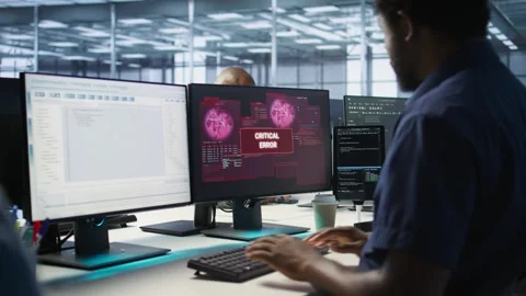 Cybersecurity division workers in server room protecting equipment Stock Footage 319540563