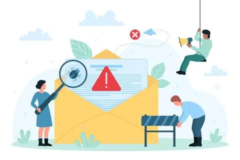 Cybersecurity, electronic correspondence protection, tiny people put up spam Stockillustratie