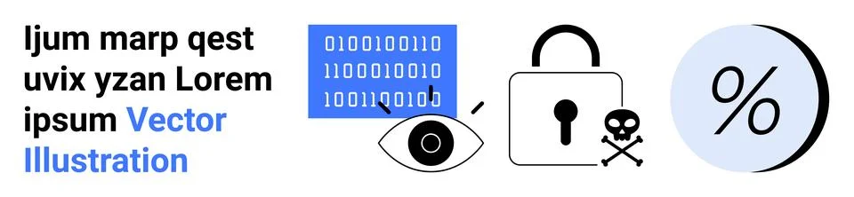 Cybersecurity Elements Eye, Binary Code, Lock, Skull, and Percentage Symbol.. Stock Illustration