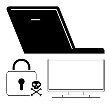 Cybersecurity Elements Featuring Laptop, Monitor, Padlock, and Skull and Cr.. Stockillustratie