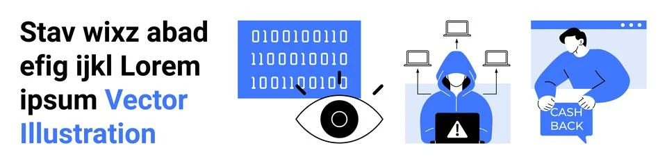 Cybersecurity Elements Hacker, Binary Code, Surveillance, Cash Back Program Stock Illustration