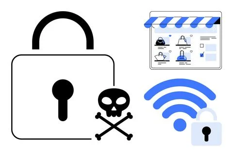 Cybersecurity Elements Including Lock, Skull, Crossbones, E-commerce Store,.. Illustrazione stock