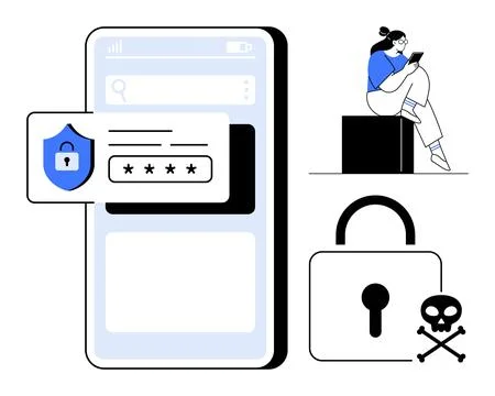 Cybersecurity Elements Including Mobile Device with Password Protection and.. 库存插图